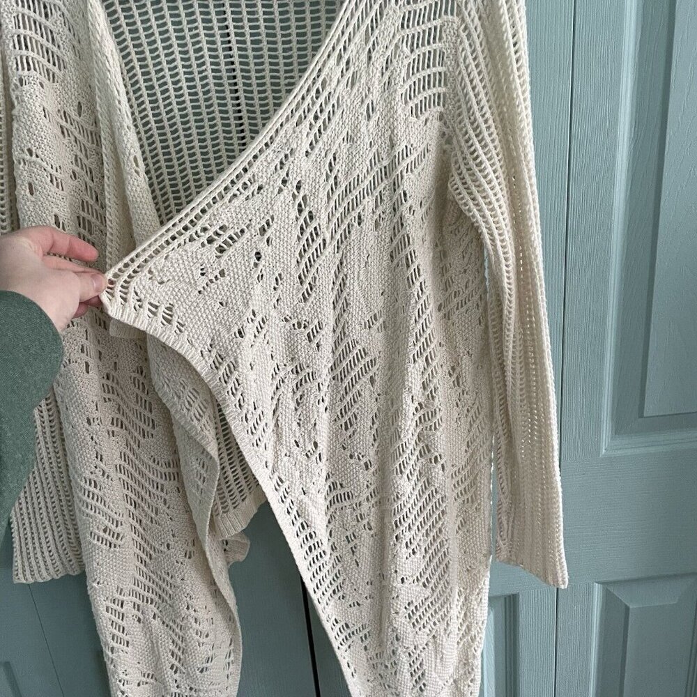 Lucky Brand‎ Womens Crochet Open Weave Wool Blend Off White Waterfall Cardigan M - Picture 4 of 9
